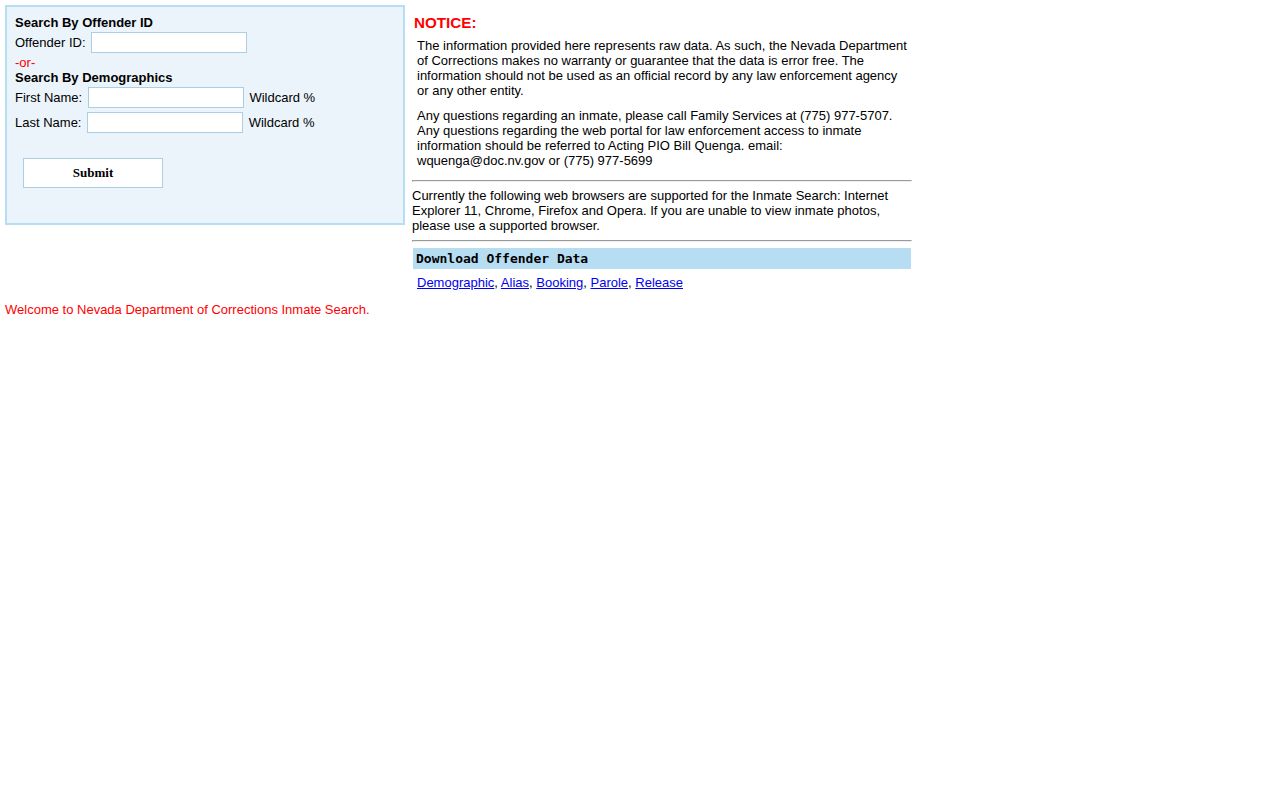 Nevada Department of Corrections offender search for Nye County booking follow-up